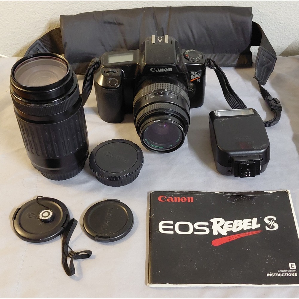 Canon EOS Rebel S 35mm SLR Film Camera 2 Lens Kit 75-300mm Speedlite 200E Tested